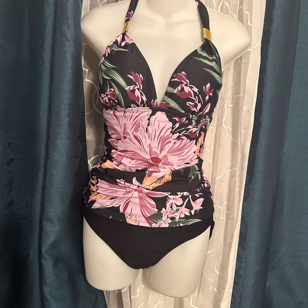 Floral Halter Neck Swimsuit - Black and Pink